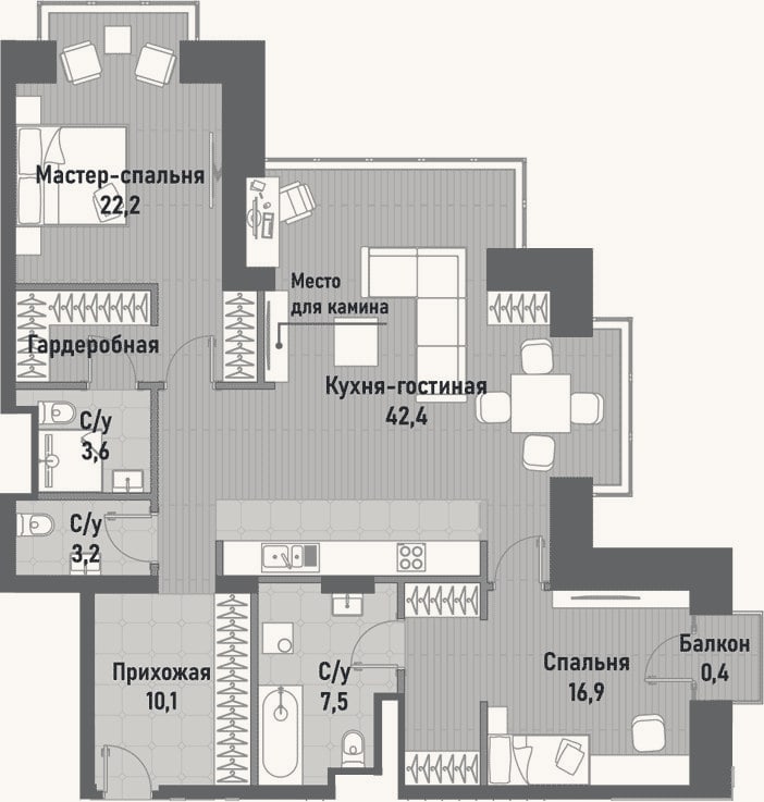 Планировка: 3-к, 101,7 м²