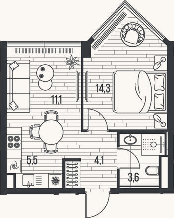 Планировка: 2-к, 38,6 м²