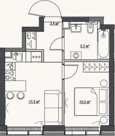 Планировка: 2-к, 32,3 м²
