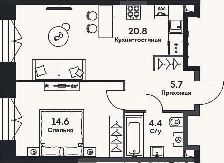 Планировка: 2-к, 45,5 м²