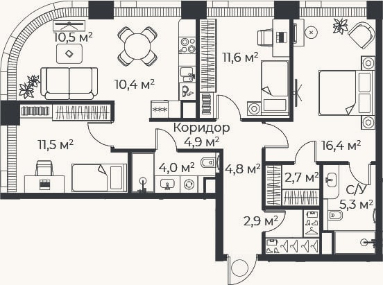 Планировка: 4+ к, 84,7 м²
