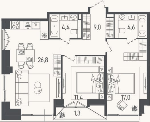 Планировка: 3-к, 73,2 м²