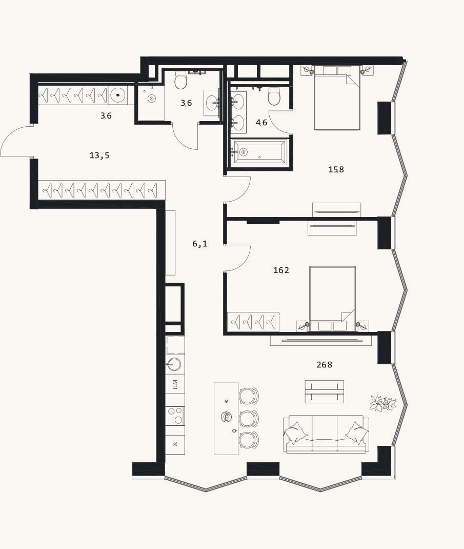 Планировка: 3-к, 90,2 м²
