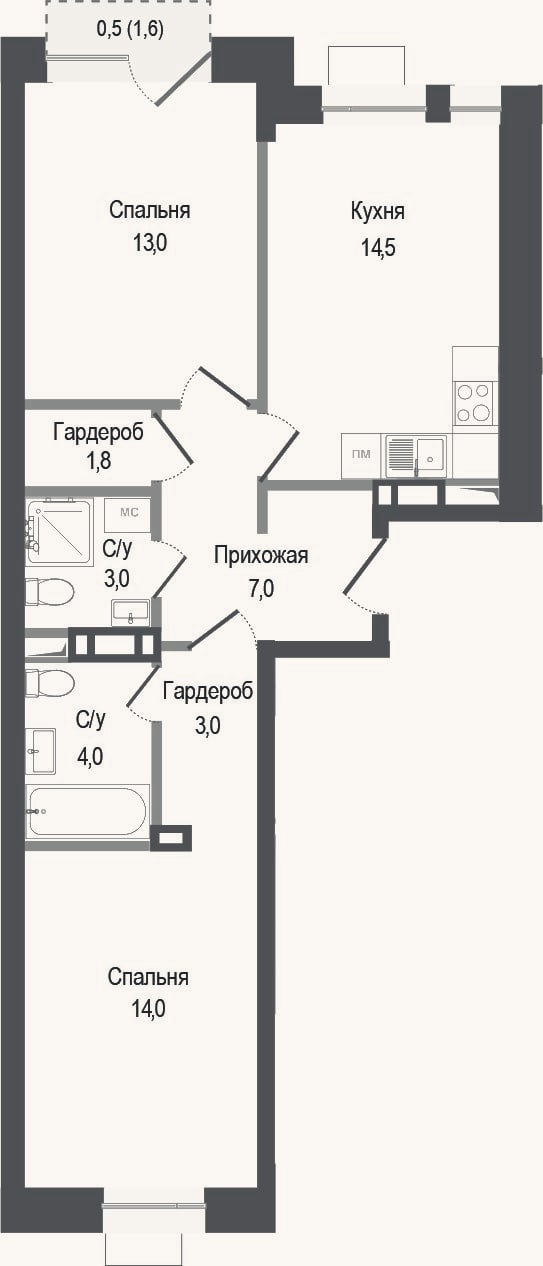 Планировка: 2-к, 60,3 м²