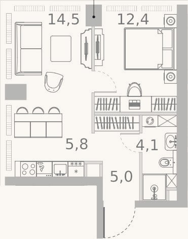 Планировка: 2-к, 41,8 м²