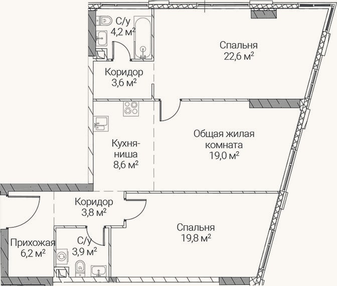 Планировка: 3-к, 91,7 м²