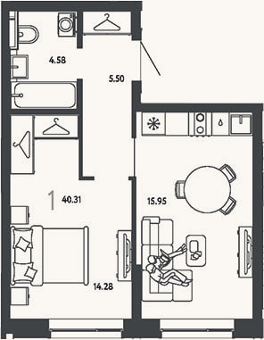 Планировка: 1-к, 40,3 м²