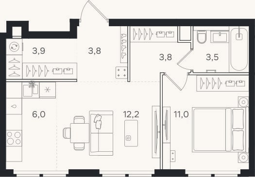 Планировка: 2-к, 44,2 м²