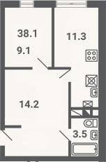 Планировка: 2-к, 38,1 м²