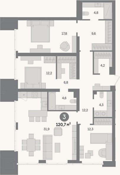 Планировка: 3-к, 120,7 м²