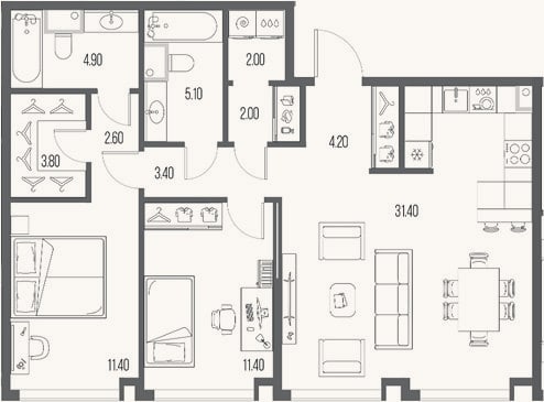 Планировка: 2-к, 82,2 м²
