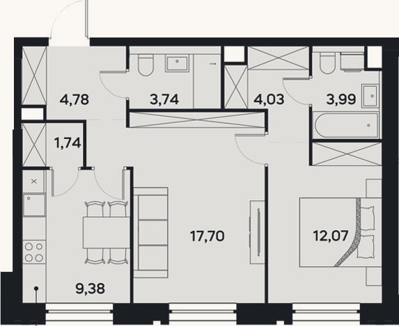 Планировка: 2-к, 57,4 м²