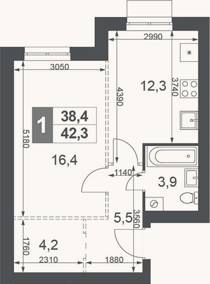Планировка: 1-к, 42,3 м²