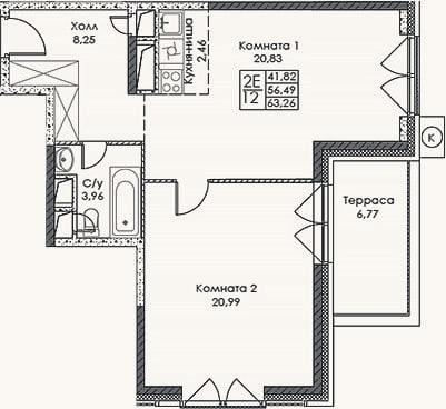 Планировка: 2-к, 56,5 м²