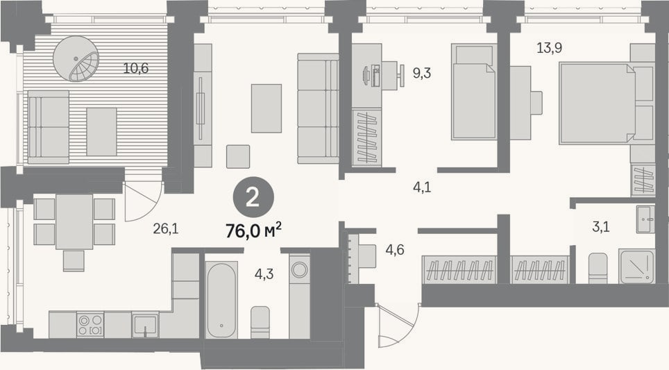 Планировка: 2-к, 65,4 м²