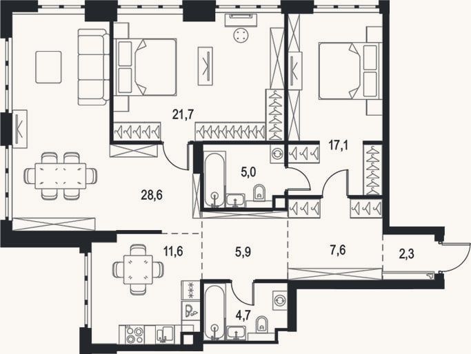 Планировка: 3-к, 104,5 м²