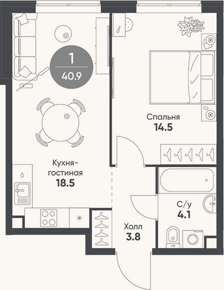 Планировка: 2-к, 40,9 м²