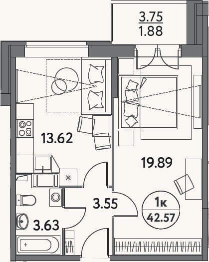Планировка: 1-к, 40,7 м²