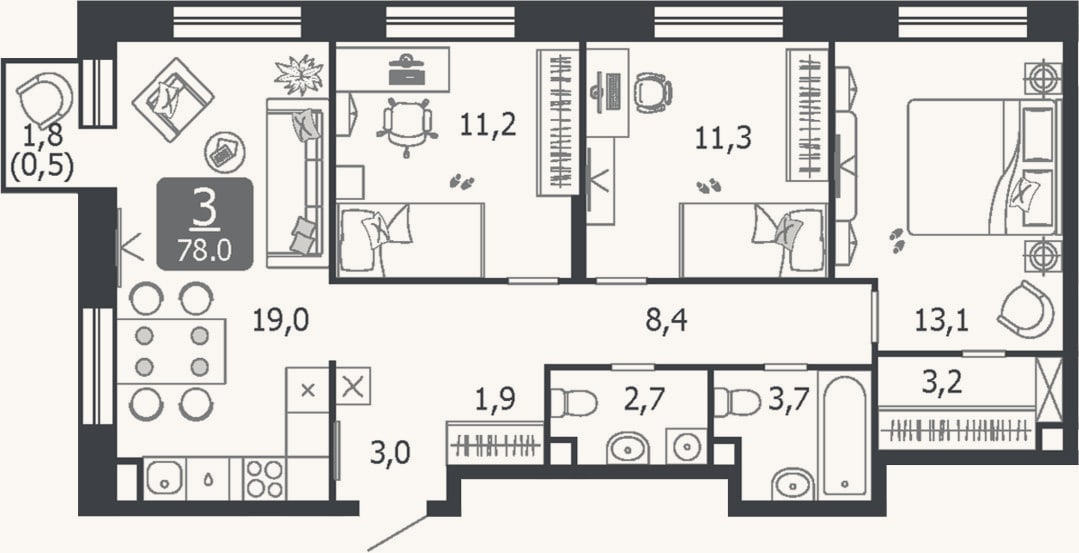Планировка: 4+ к, 77,5 м²