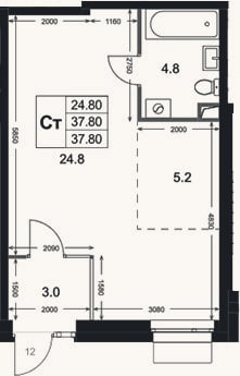 Планировка: Студия, 37,8 м²