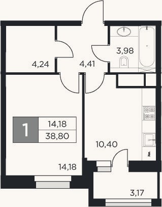 Планировка: 1-к, 37,2 м²