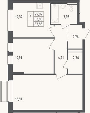 Планировка: 2-к, 53,9 м²
