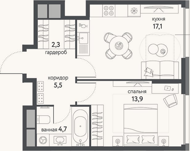 Планировка: 1-к, 43,5 м²