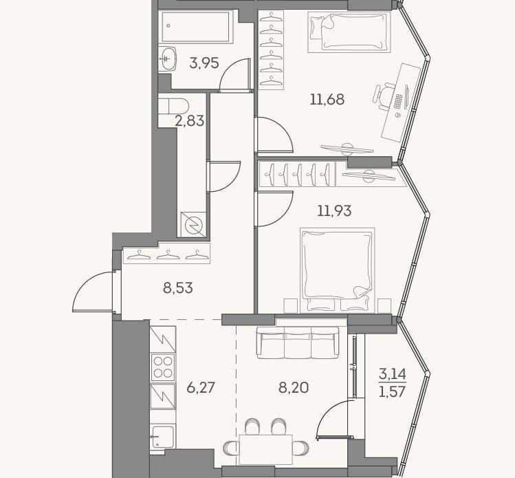 Планировка: 3-к, 53,4 м²