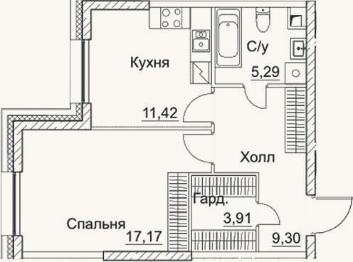 Планировка: 1-к, 47,1 м²