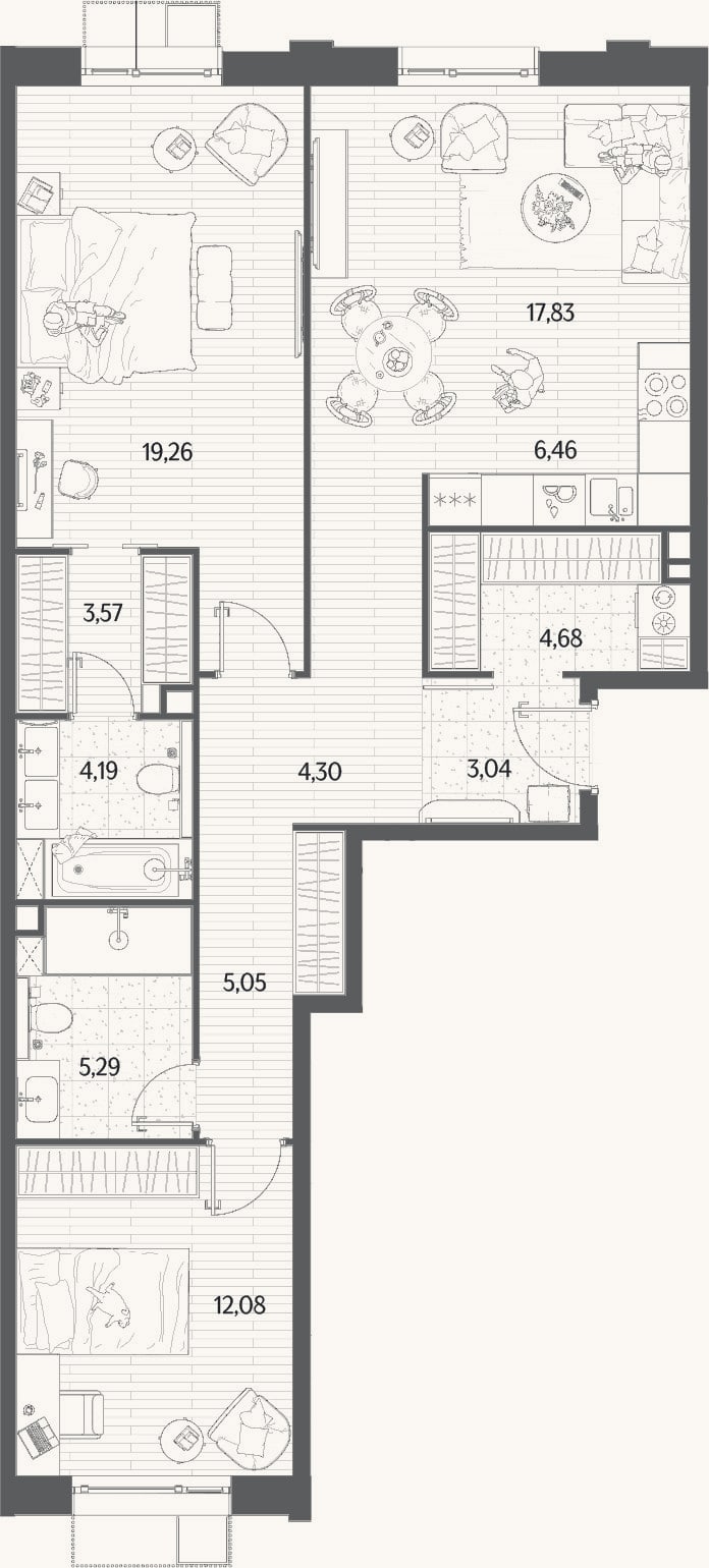 Планировка: 3-к, 85,8 м²