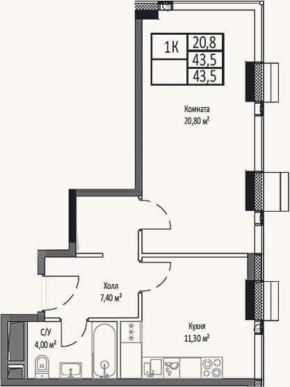 Планировка: 1-к, 43,5 м²