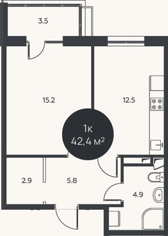 Планировка: 1-к, 41,3 м²