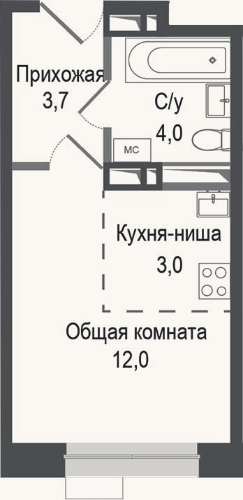 Планировка: Студия, 22,7 м²