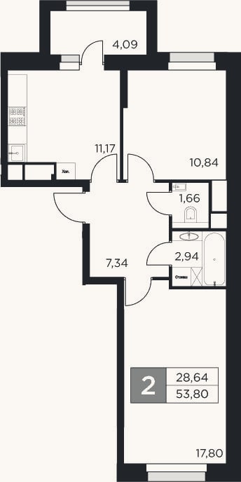 Планировка: 2-к, 51,8 м²