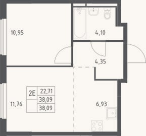 Планировка: 2-к, 38,1 м²