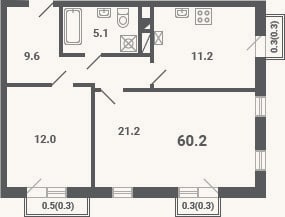 Планировка: 2-к, 59,1 м²