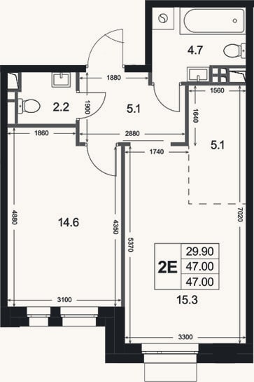 Планировка: 2-к, 47 м²