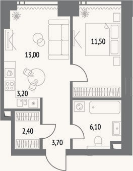 Планировка: 2-к, 39,9 м²