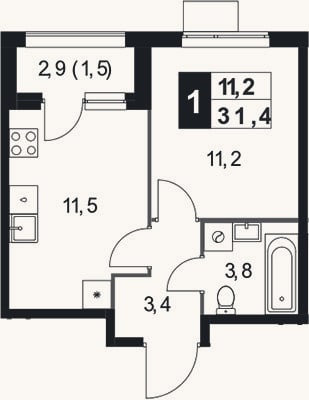 Планировка: 1-к, 29,9 м²