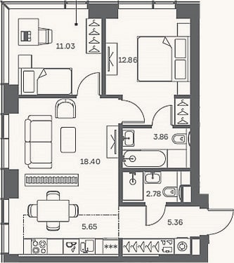 Планировка: 3-к, 59,9 м²