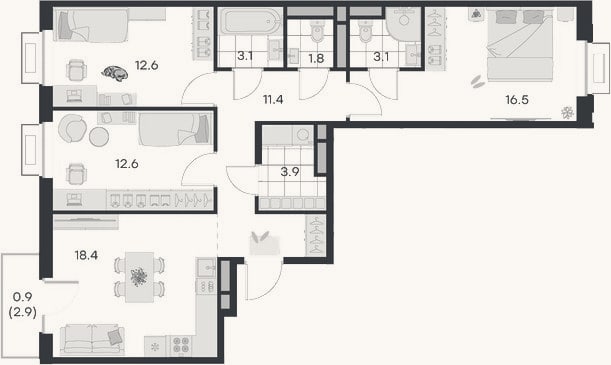 Планировка: 3-к, 83,4 м²