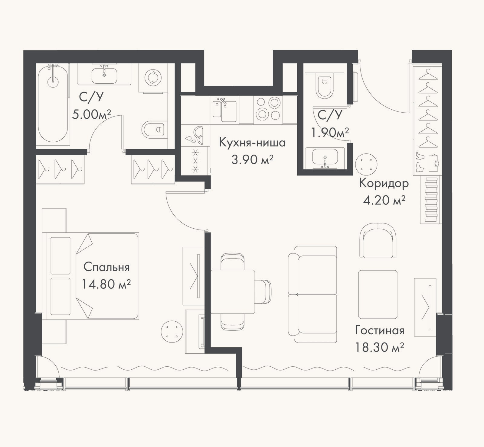 Планировка: 2-к, 48,1 м²