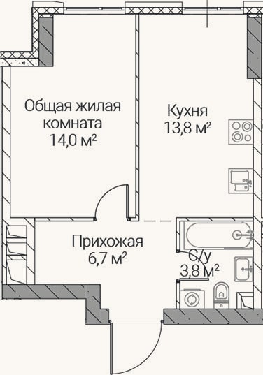 Планировка: 1-к, 38,3 м²