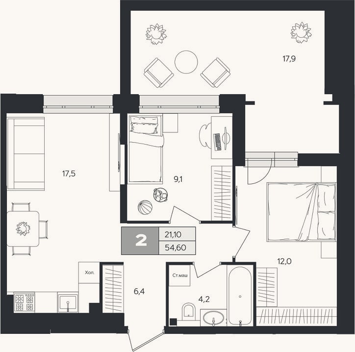 Планировка: 2-к, 49,2 м²