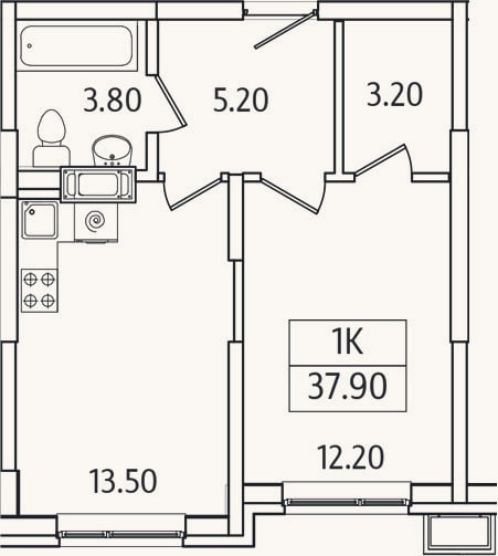 Планировка: 1-к, 37,9 м²