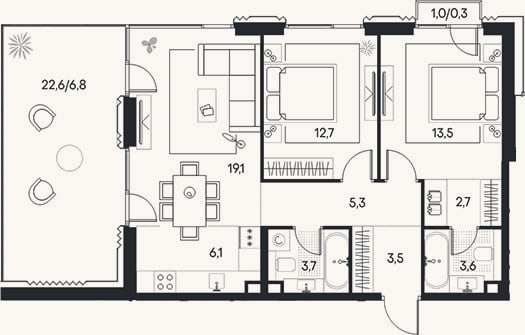 Планировка: 3-к, 70,2 м²