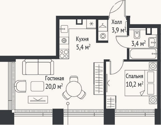 Планировка: 2-к, 42,9 м²