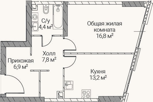 Планировка: 1-к, 49,1 м²