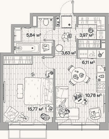 Планировка: 2-к, 46,1 м²