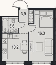 Планировка: 1-к, 34 м²